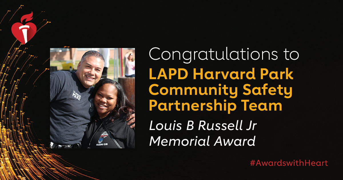 Community_STEPS's tweet image. Today the Harvard Park @lapdcsp will be accepting the American Heart Association’s 2020 Louis B. Russell, Jr., Memorial Award today for providing outstanding service to minority and underserved populations. Congratulations! #AwardsWithHeart Read more: bit.ly/39V1O6T