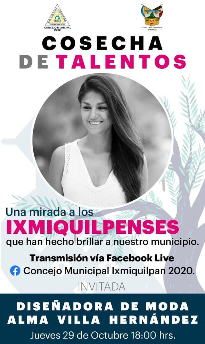 Quique_Simon's tweet photo. A través del Facebook live 🔵 del Concejo Municipal de Ixmiquilpan este jueves en punto de las 18:00 hrs. Acompáñanos en la transmisión de #CosechaDeTalentos 🌱
Nos acompaña la Diseñadora de Moda Alma Villa 
#OrgulloIxmiquilpense https://t.co/46nOXRu8kn