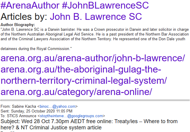 WgarNews's tweet photo. #ArenaTweets '#TheAboriginalGulag': #NTsCriminalLegalSystem by #ArenaAuthor #JohnBLawrenceSC https://t.co/jJ2KzVOKkM + #TreatyiesWhereToFromHere #Wed28Oct #VirtualBuildingBridges2020 | #ThisWGARnews #Tu27thOct2020 https://t.co/UeGaJIqkng + #NSPTRP cc @JacyntaKrakouer @CapesJoy https://t.co/1rQnscyDAt