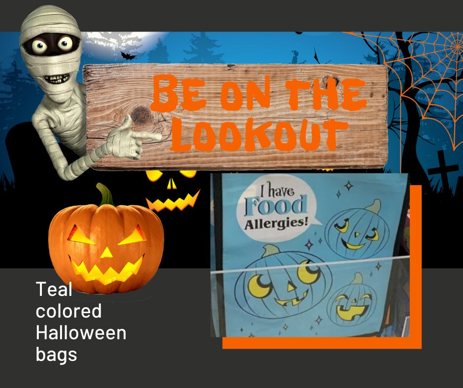 BE ON THE LOOKOUT!

This Halloween be on the lookout for teal colored “I Have Food Allergies” Halloween Treat Bags. These bags make it easy to let others know that a child has dietary restrictions before they even say “Trick or Treat!”