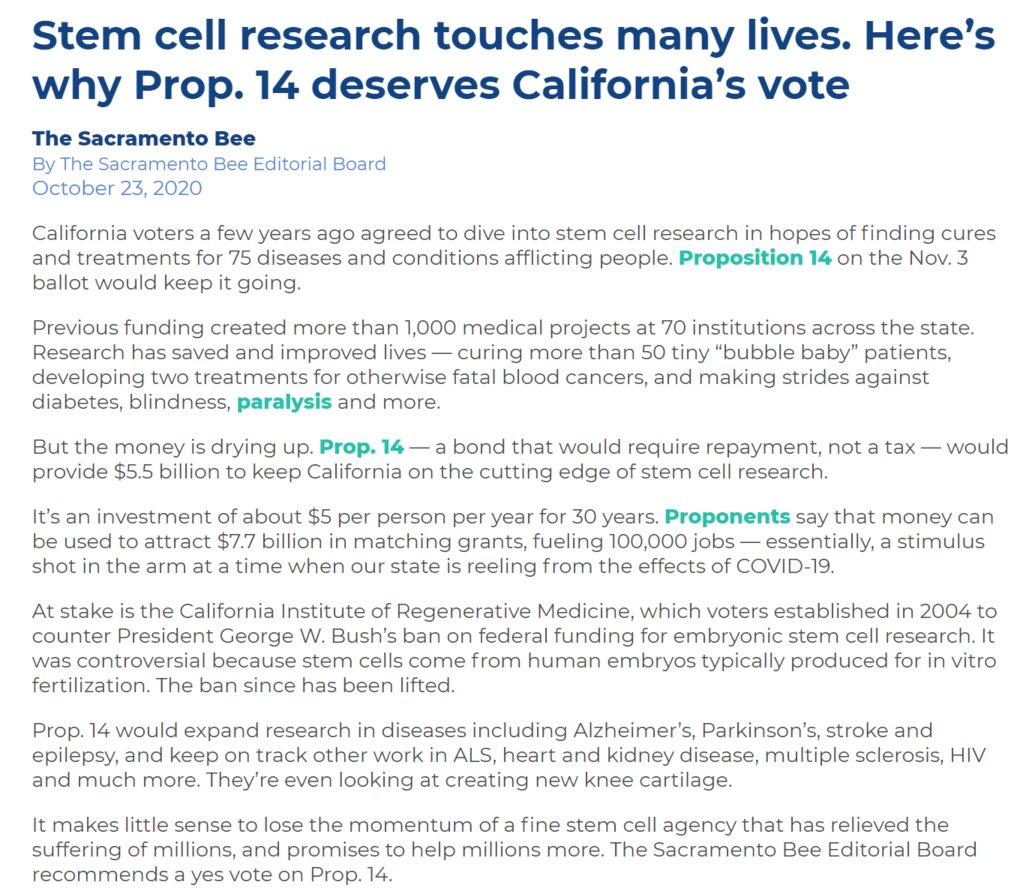 jan_nolta's tweet image. Thank you to @sacbee_news for endorsing #Prop14 and realizing the vast potential for #StemCell therapies to ease suffering, boost economy and reduce healthcare costs for chronic conditions in #California and beyond.