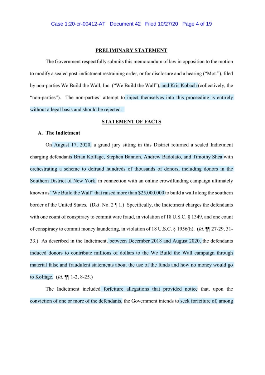 YO  @KrisKobach1787 is a twice sanctioned Court Ordered CLE “general counsel“ of We Build the Wall scheme and his nonparty intervention re the Govt’s intent to seize via forfeiture of fundsIMO proves he’s a charlatan pass it onGovt is having NONE of it https://ecf.nysd.uscourts.gov/doc1/127127864374