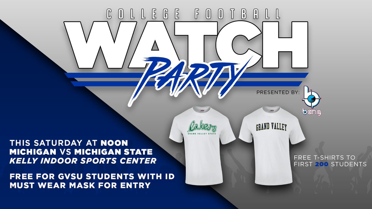🚨WATCH PARTY🚨

Gather safely with your friends inside the Kelly Indoor Sports Center and watch the big game on the largest indoor screen on campus!

The first 200 students will receive a FREE shirt of their choosing.

See you this Saturday at NOON Lakers!