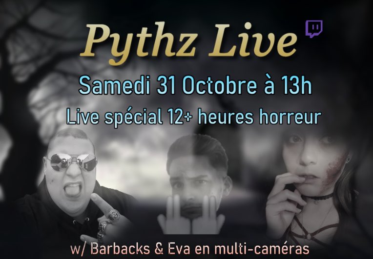 Pythzzz's tweet photo. Événement spécial sur la chaîne pour Halloween! Horreur du début à la fin, entre 12 et 24h 🎃 La flippette @redside_Eva et le bon @_Barbacks seront là, en multi-cameras 🤩🥰

🎥 https://t.co/UVIWIeGdcs https://t.co/bkyHZLDu8J