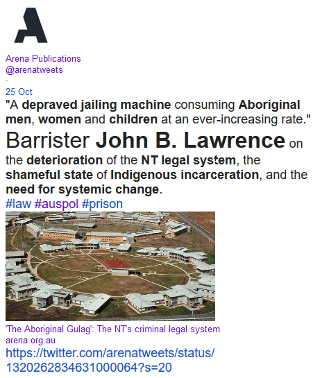 WgarNews's tweet photo. #ArenaTweets '#TheAboriginalGulag': #NTsCriminalLegalSystem by #ArenaAuthor #JohnBLawrenceSC https://t.co/jJ2KzVOKkM + #TreatyiesWhereToFromHere #Wed28Oct #VirtualBuildingBridges2020 | #ThisWGARnews #Tu27thOct2020 https://t.co/UeGaJIqkng + #NSPTRP cc @JacyntaKrakouer @CapesJoy https://t.co/1rQnscyDAt