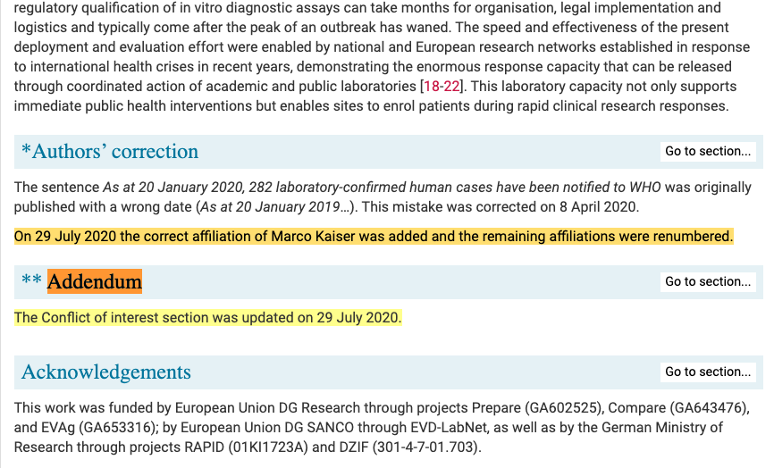 9/124 The "Drosten-paper" was also uploaded at Eurosurveillance. Addendum-section was updated on 29th July 2020,6 months after its initial release:- Marco Kaiser's affiliation to GenExpress & Tib-Molbiol,- Olfert Landt's CEO-role at Tib-Molbiol - added. http://archive.is/zEdlk 