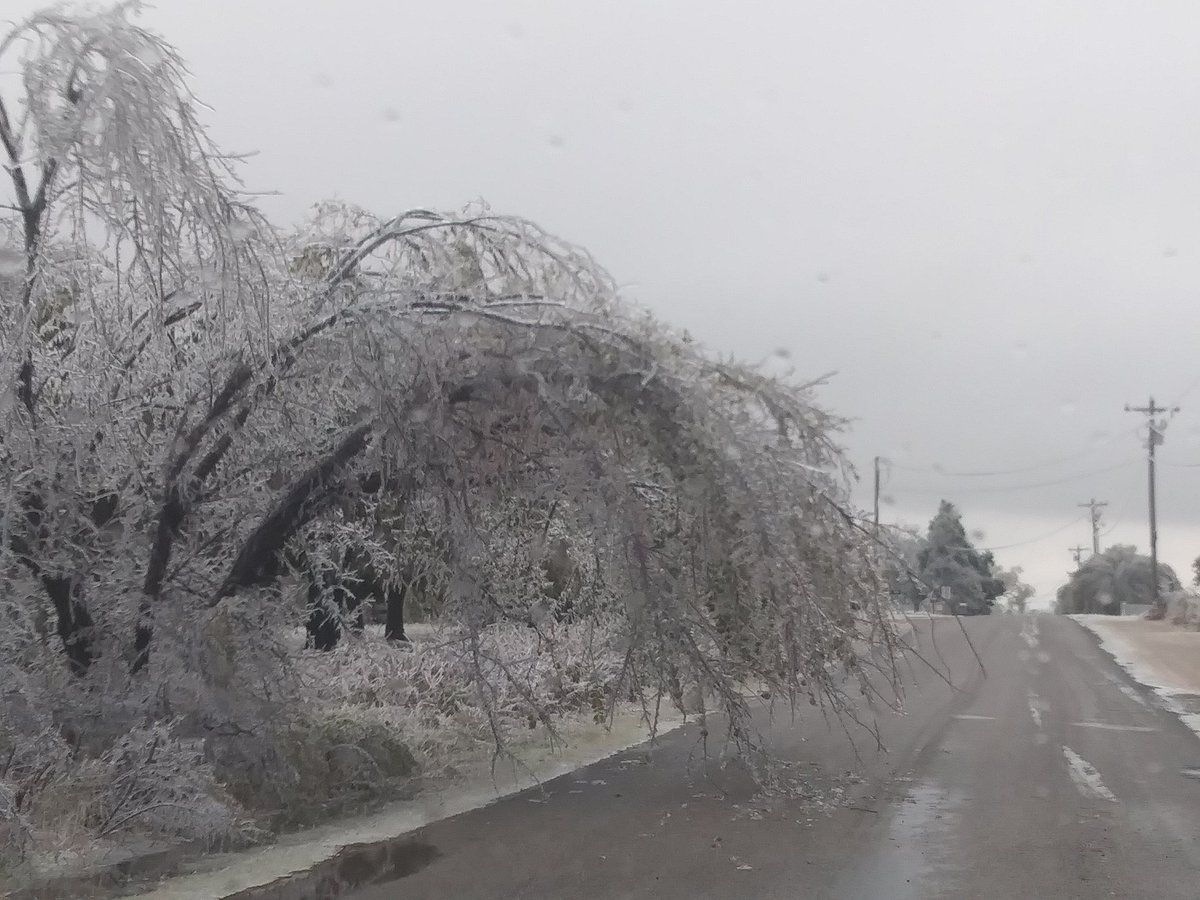 wx5leo's tweet photo. Multiple trees broken or hanging in roadways in Bridge Creek OK area. Use caution while driving. Road conditions are decent right now but slick in spots. 
#icestorm2020 
@NWSNorman 
@ounwcm https://t.co/SEyOMrnaB4