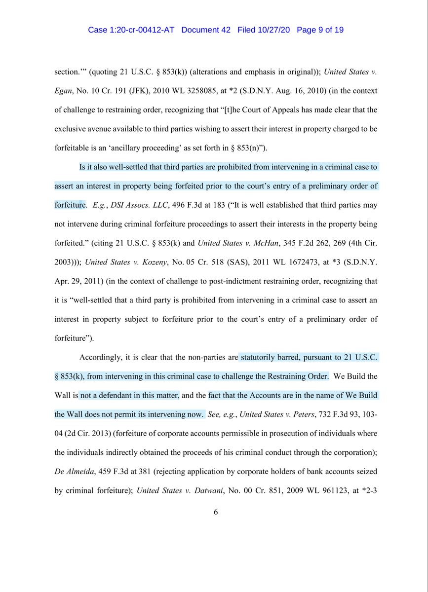 He’s also a shitty attorney who continually conflates the law and Fed Crim & Civ Rules21 USC §853(k)plain language of subsection1) no 3rd party has standing to intervene in a criminal case2) no party may challenge the forfeiture or otherwise assert an interest in the property