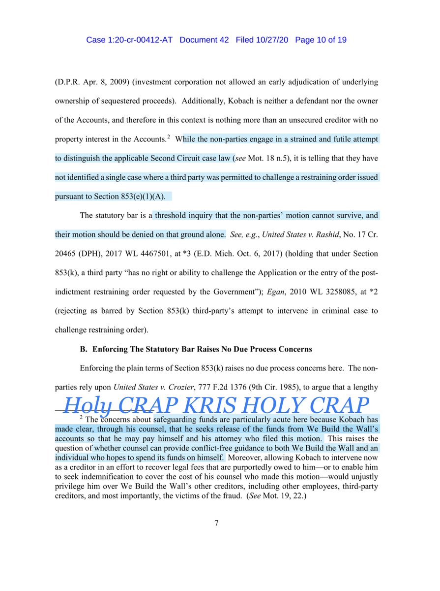 He’s also a shitty attorney who continually conflates the law and Fed Crim & Civ Rules21 USC §853(k)plain language of subsection1) no 3rd party has standing to intervene in a criminal case2) no party may challenge the forfeiture or otherwise assert an interest in the property