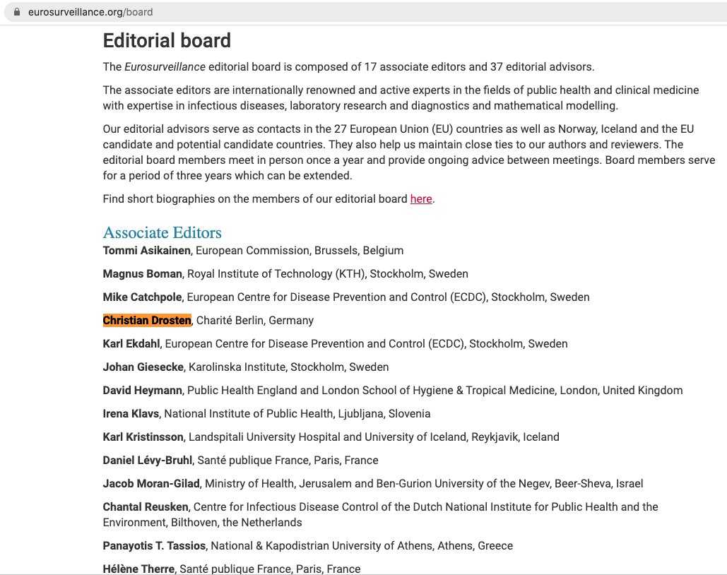 12/124 Possible Answer: Christian Drosten is part of the editorial board-roster of Eurosurveillance, also in 2020.Was Drosten basically "peer-reviewing" his own senior author-publication?:  https://bit.ly/2TqXBjX  /  https://bit.ly/35uS81n 