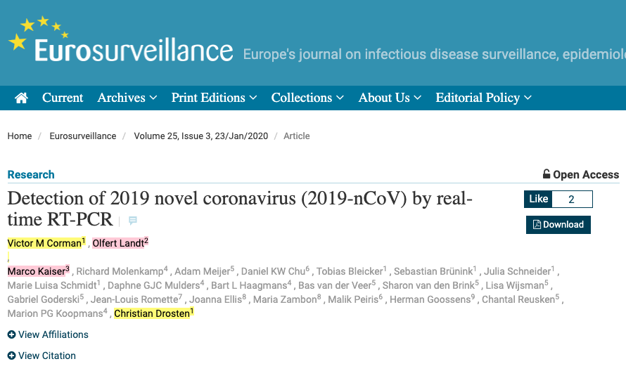 13/124 Lets go back to the "Confict of Interest"-section of the Eurosurveillance upload: Marco Kaiser (TIB-Molbiol, GenExpress), Olfert Landt (TIB-Molbiol) were added on 29th July 2020, 6 months after the 1st rls.Was something still left out in regards to commercial affiliations?