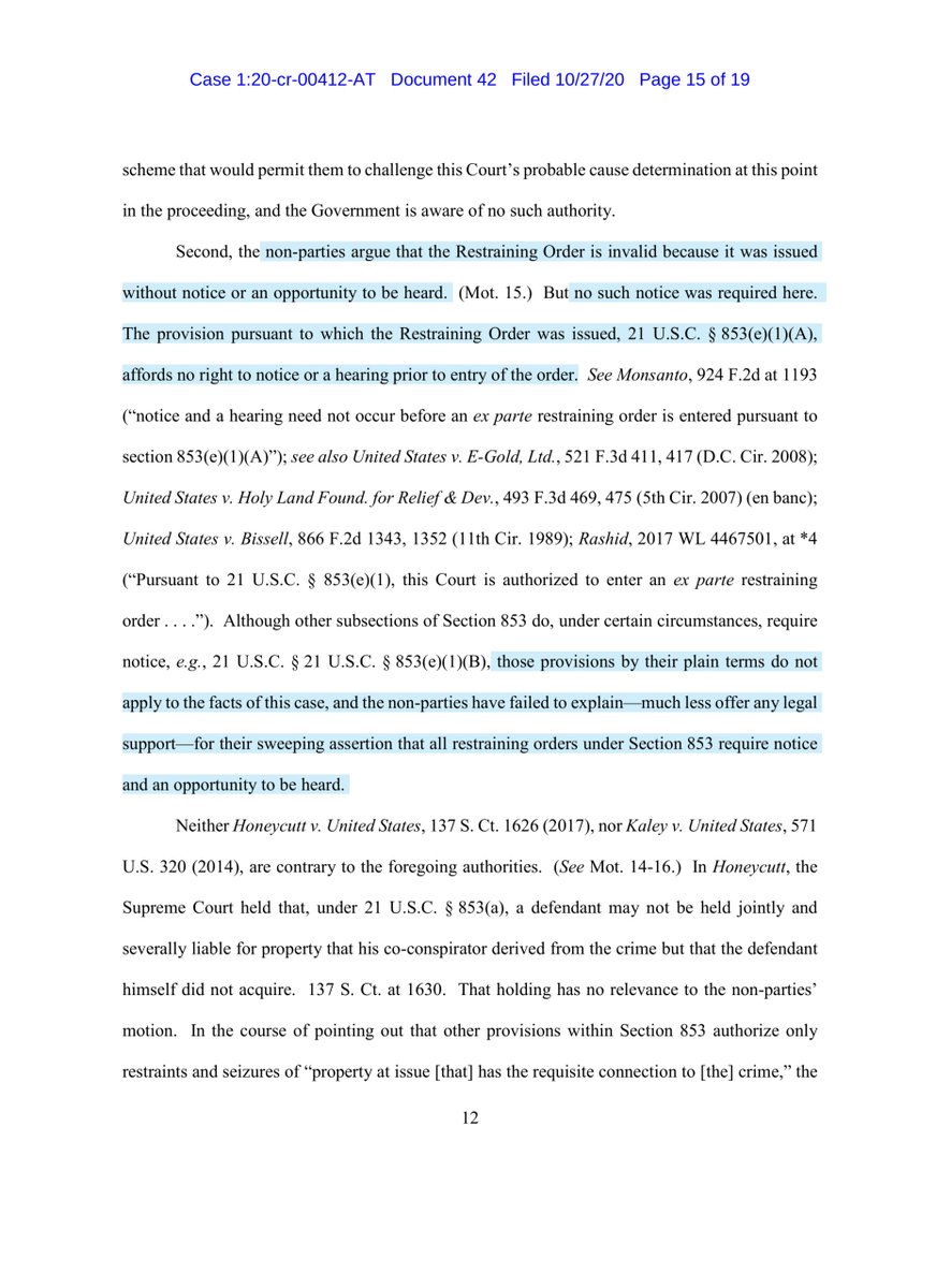 The reason Kobach failed to cite any case law -there isn’t any he tried to supplant a 9thCCOAs ruling FAILED to use 2ndCCOAs “repeatedly has emphasized that an ancillary proceeding is the only forum in which 3rd parties may claim an interest in property subject to forfeiture”