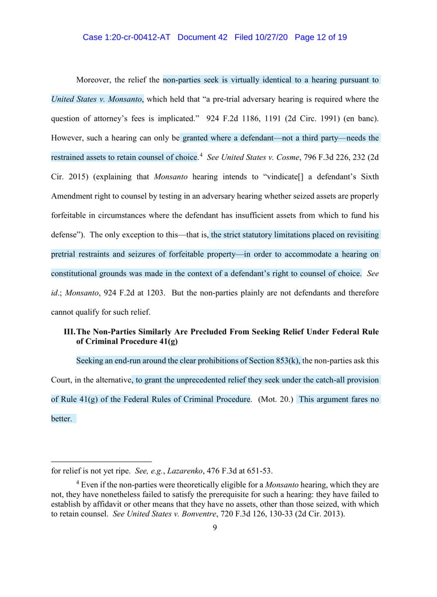 The reason Kobach failed to cite any case law -there isn’t any he tried to supplant a 9thCCOAs ruling FAILED to use 2ndCCOAs “repeatedly has emphasized that an ancillary proceeding is the only forum in which 3rd parties may claim an interest in property subject to forfeiture”