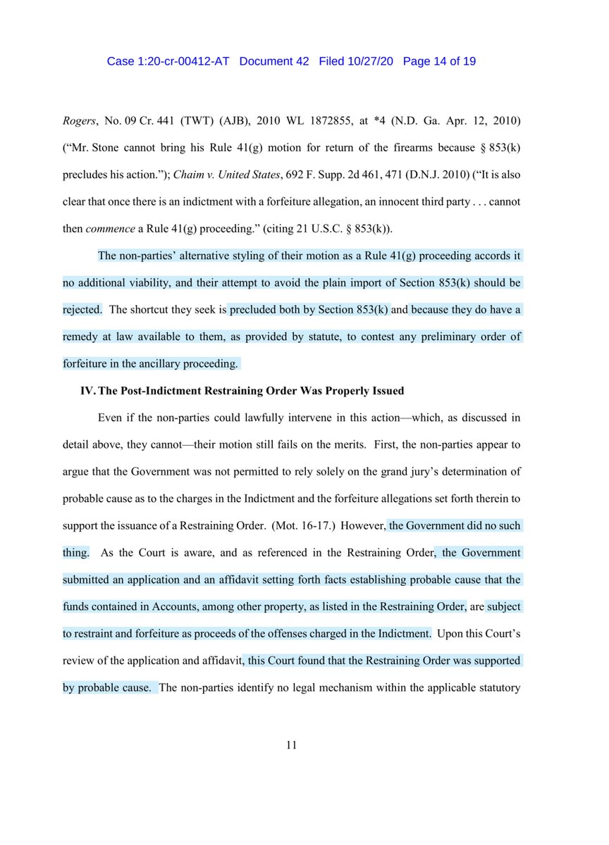 The reason Kobach failed to cite any case law -there isn’t any he tried to supplant a 9thCCOAs ruling FAILED to use 2ndCCOAs “repeatedly has emphasized that an ancillary proceeding is the only forum in which 3rd parties may claim an interest in property subject to forfeiture”