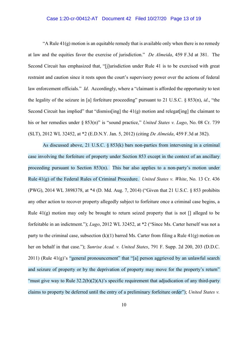 The reason Kobach failed to cite any case law -there isn’t any he tried to supplant a 9thCCOAs ruling FAILED to use 2ndCCOAs “repeatedly has emphasized that an ancillary proceeding is the only forum in which 3rd parties may claim an interest in property subject to forfeiture”