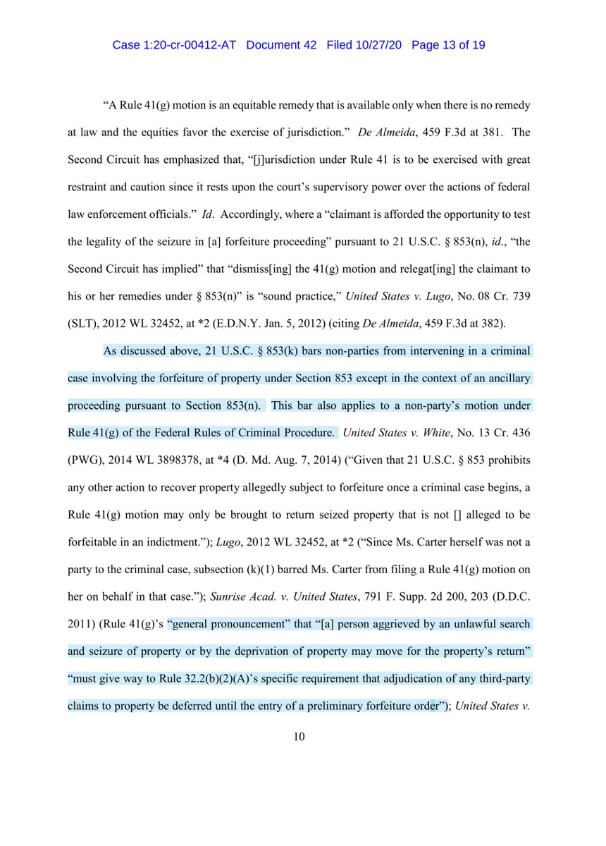 The reason Kobach failed to cite any case law -there isn’t any he tried to supplant a 9thCCOAs ruling FAILED to use 2ndCCOAs “repeatedly has emphasized that an ancillary proceeding is the only forum in which 3rd parties may claim an interest in property subject to forfeiture”