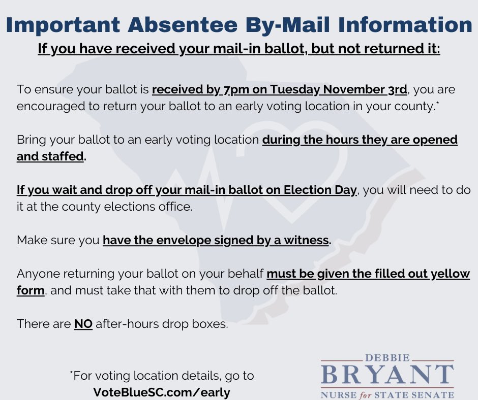 DebbieBryantSC's tweet photo. If you’ve received your South Carolina mail-in absentee ballot, the clock is ticking to return it and have your vote counted! https://t.co/DBEsWwhwY9
