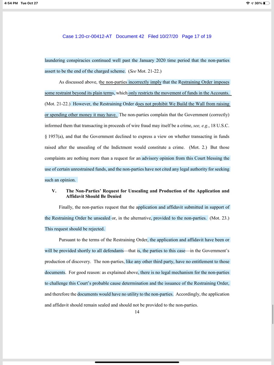 LOLS - footnote is delicious <snort>“non-parties.. appear to suggest that they have a 6th Amendment right to use the restrained funds to pay for counsel fees, their own salaries, & expenses not associated with this case. They have no such right” https://ecf.nysd.uscourts.gov/doc1/127127864374