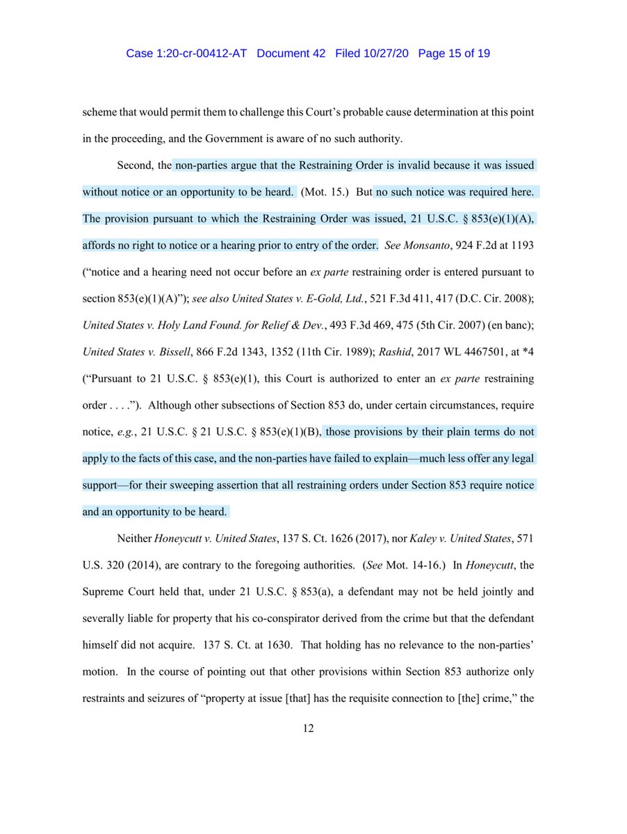LOLS - footnote is delicious <snort>“non-parties.. appear to suggest that they have a 6th Amendment right to use the restrained funds to pay for counsel fees, their own salaries, & expenses not associated with this case. They have no such right” https://ecf.nysd.uscourts.gov/doc1/127127864374
