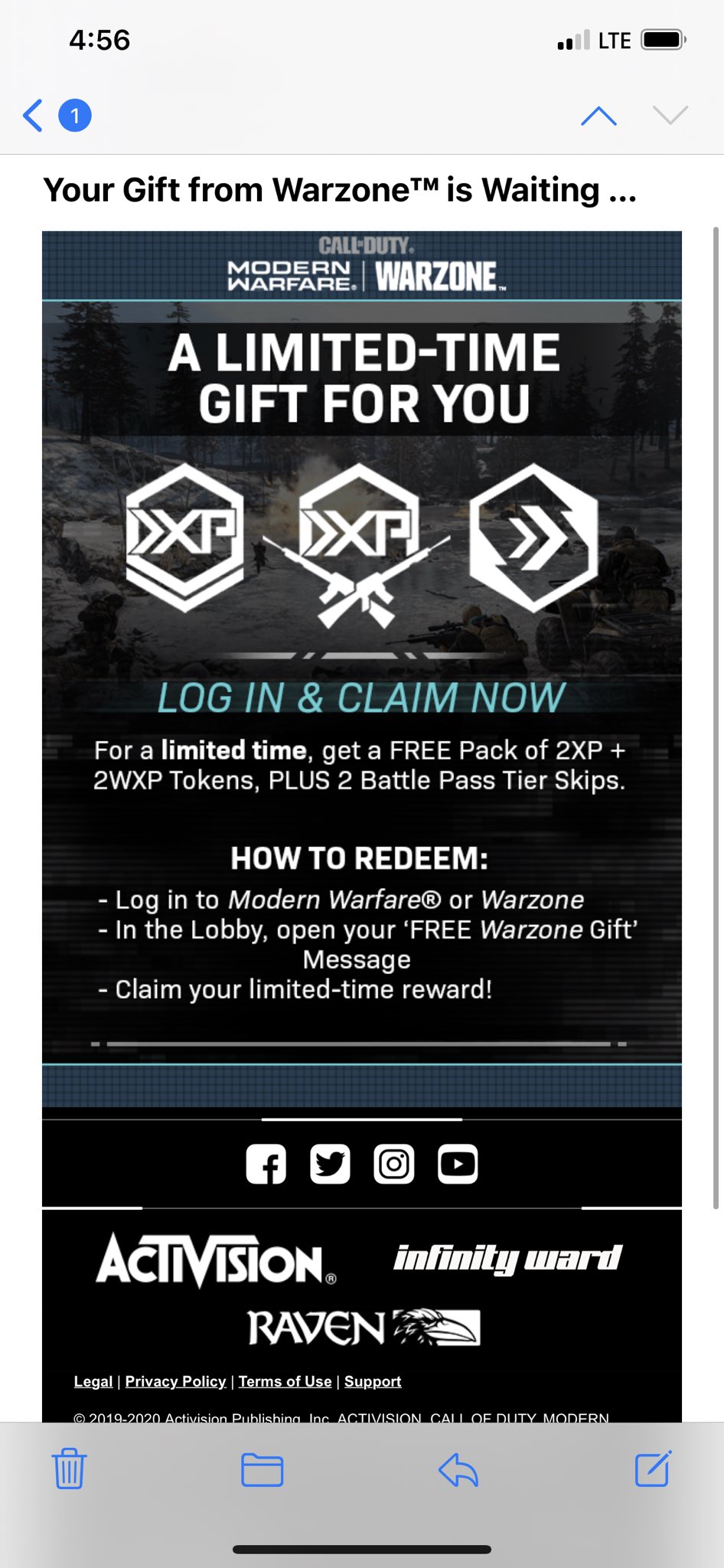 CharlieIntel on X: Activision is sending out emails with “Limited Time”  Gifts for some players in Warzone, which includes Double XP & Double Weapon  XP tokens + 2 Tier Skips.  /