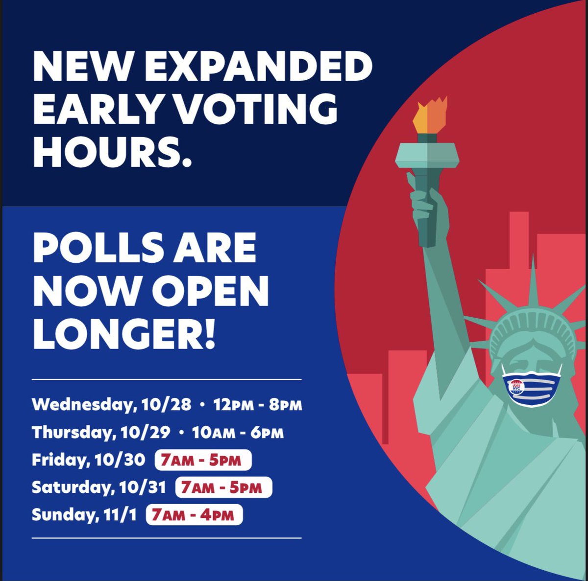 BOENYC's tweet photo. 🚨Expanded Early Voting Hours🚨 Polls are open longer this week!        10/30 7am to 5pm                                   10/31  7am to 5pm                                          11/1     7am to 4pm https://t.co/DhBsCfIsdo