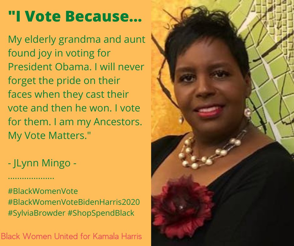 shopspendblack's tweet photo. #IVoteBecause. My elderly grandma and aunt found joy in voting for President Obama. I will never forget the pride on their faces when they cast their #vote and then he won. I vote for them. I am my Ancestors. My Vote Matters. #BlackWomenVote #BidenHarris2020 https://t.co/kshfIRQwo1