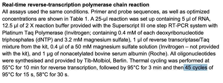 41/124 Lets peek deeper into recommended Cycles / CT-value in Drosten's protocol. We can spot an absurd 45 Cycles-value there.  https://bit.ly/3jrysjN 