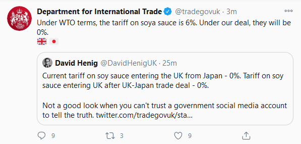 Best not argue. Might have been accurate if the account had said "thanks to the trade deal the price won't go up compared to now". Also, checking my own soy sauce, it says "Naturally brewed in China. Blended in the UK" Is that going to be cheaper after a UK-Japan deal?