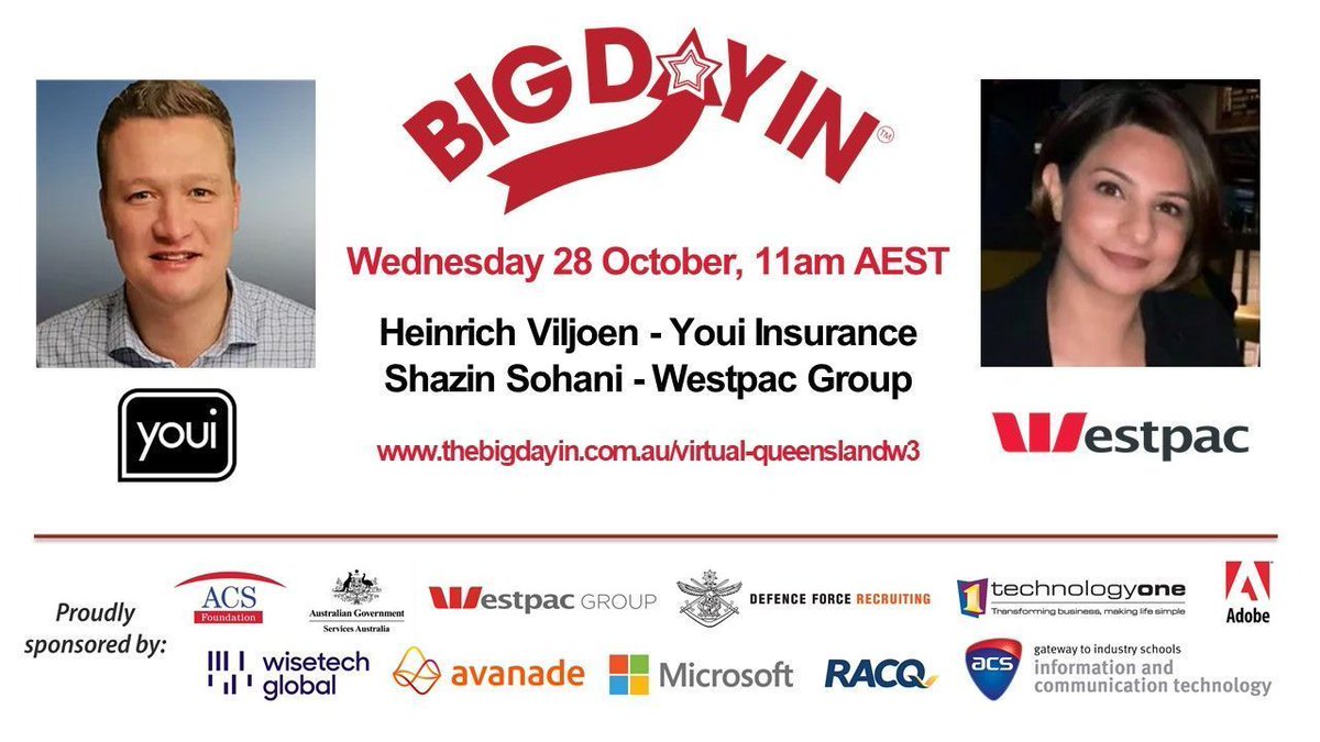 Join us today 28 Oct for Ep 3 virtual @thebigdayin Queensland at 11am (AEST) to learn where a career in cyber can take you with Heinrich <a href="/youiinsurance/">Hugo Schreuder</a> &amp; Shazin @westpac #GatewaySchools #GatewayToIndustry #TrainingQld #CelebrateTraining #ictgisp #ictcareer thebigdayin.com.au/live-qldw3