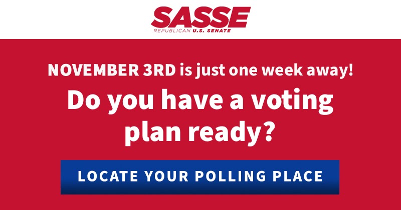 TeamSasse's tweet photo. Election Day is just one week away and millions of Americans still don’t have a voting plan in place. Will you take a second to locate your polling place and make sure that you’re ready to cast your vote for Ben next week? https://t.co/elckx1DYqa https://t.co/JLfNcvrWlp