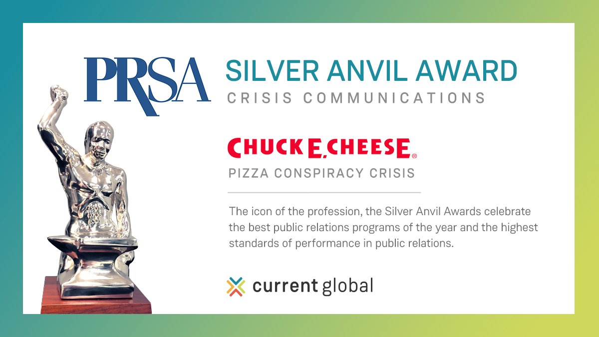 current_global's tweet photo. Winner winner, pizza dinner! We're pleased to announce our Crisis category win at @PRSA's 2020 #SilverAnvil Awards. 🏆 We flipped the script for @ChuckECheese after its pizza became the center of a viral conspiracy theory, ultimately driving higher YoY pizza sales. 🍕 https://t.co/ZWHfKFBChh