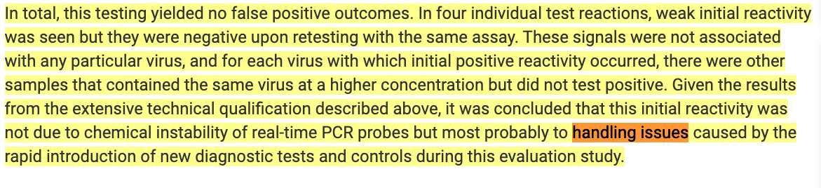 62/124 Second quote states "handling issues";if those can occure at a state-of-the-art  #laboratory-(and those are perfectly normal for low-tier-quality tests);but if we upscale the testing-quanitity similiar to the current ravages globally, you end up in 'false positives-hell'.