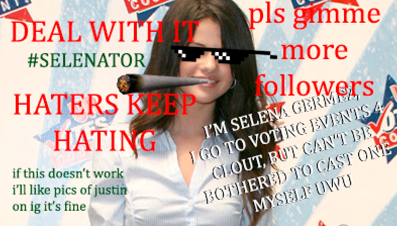 selanono's tweet photo. @ExposingSMG here's a fan edit of the supreme clout loving queen selener germez that i made for u and @selenagomez https://t.co/wg6OJ1BOJs
