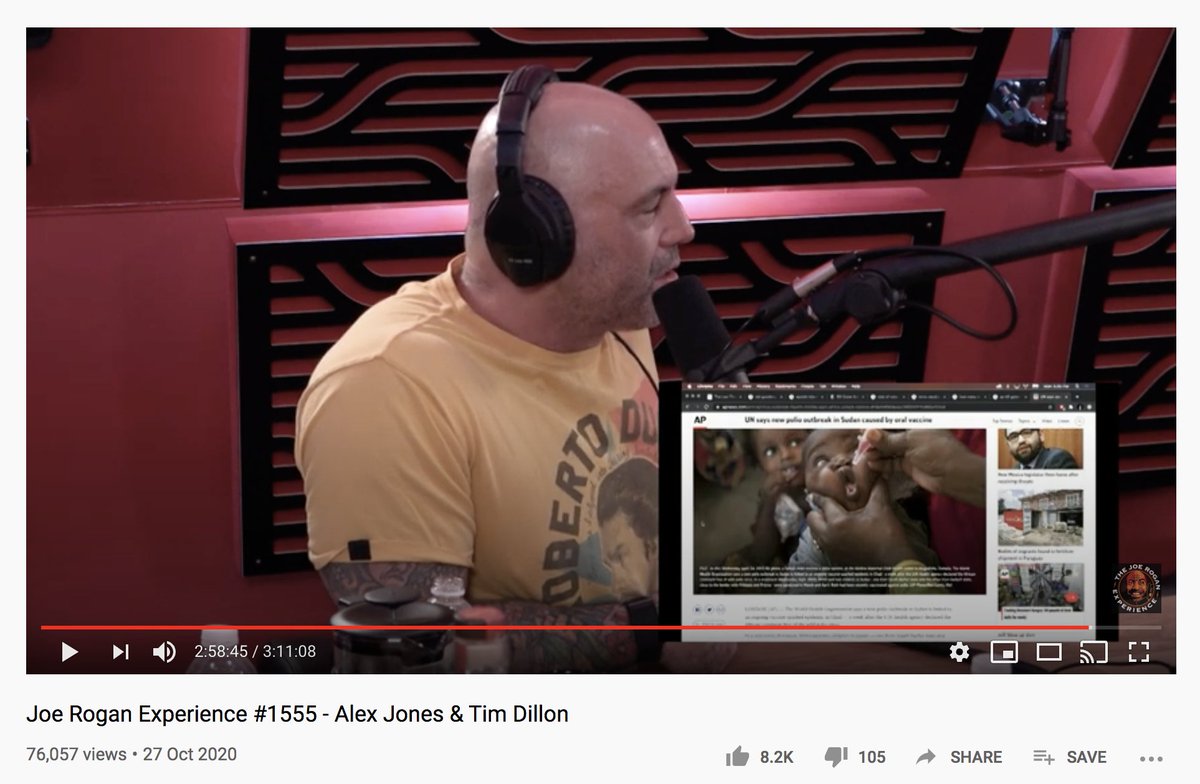 Joe Rogan hosted far-right conspiracy theorist Alex Jones on his podcast today. They pushed anti-vaxx conspiracies and broadcasted banned Infowars videos. Rogan continuing to platform these far-right sickos is incredibly gross and dangerous.