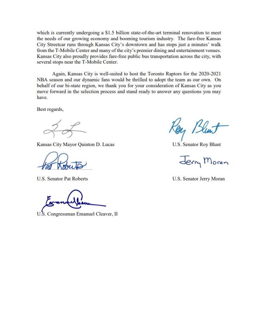 We heard you might need a temporary home for the upcoming <a href="/NBA/">NBA</a> season, <a href="/Raptors/">Toronto Raptors</a>. We'd love to have you in Kansas City.

Mayor Lucas and members of the KS and MO delegation today encouraged the NBA and Raptors to select Kansas City as the team's host city for the 2020-21 season: