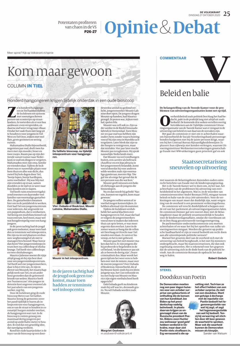 Mooi artikel in <a href="/volkskrant/">de Volkskrant</a> over initiatief jongerenwerk <a href="/MozaiekW/">Mozaiek Welzijn</a> , waar we van harte aan hebben meegewerkt om dit op korte termijn te realiseren. Donderdag gaan wethouder Marcel Melissen en ik op bezoek. Graag spreek ik met jongeren over hoe zij deze tijd van corona ervaren.