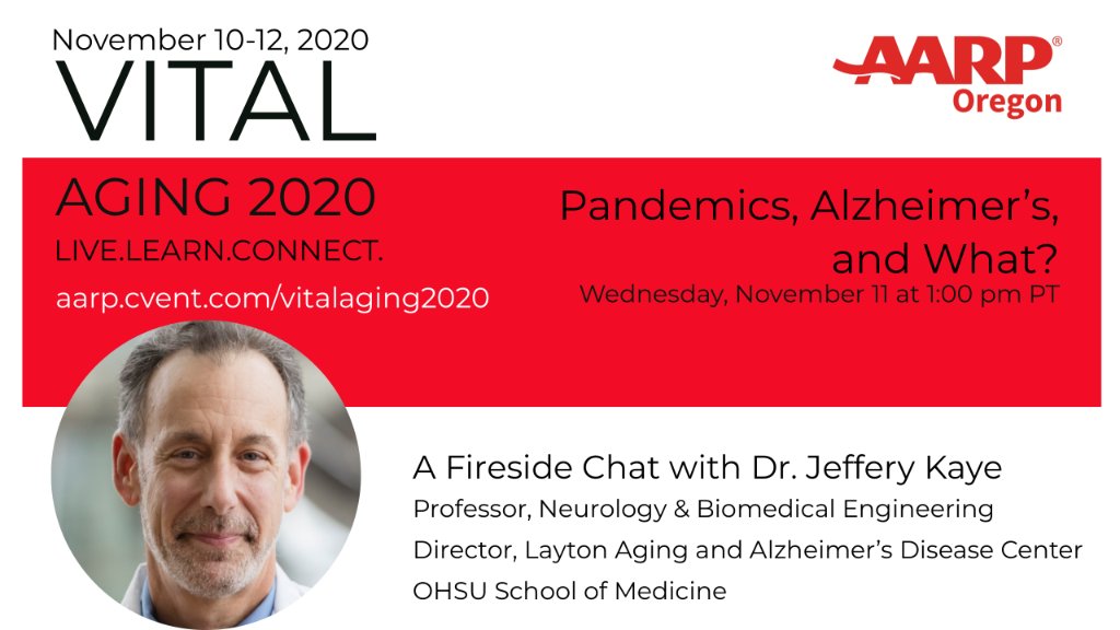 OHSUBrain's tweet photo. OHSU's @JeffreyKaye5, Director of the Layton Aging and Alzheimer's Disease Center and #ORCATECH, will be participating in @AARPOR's Vital Aging 2020 virtual conference w/ a Fireside Chat "Pandemics, Alzheimer’s, and What?" on 11/11 at 1PM PST.
RSVP here: https://t.co/vtnulRF4Yx https://t.co/svZO6McGRP