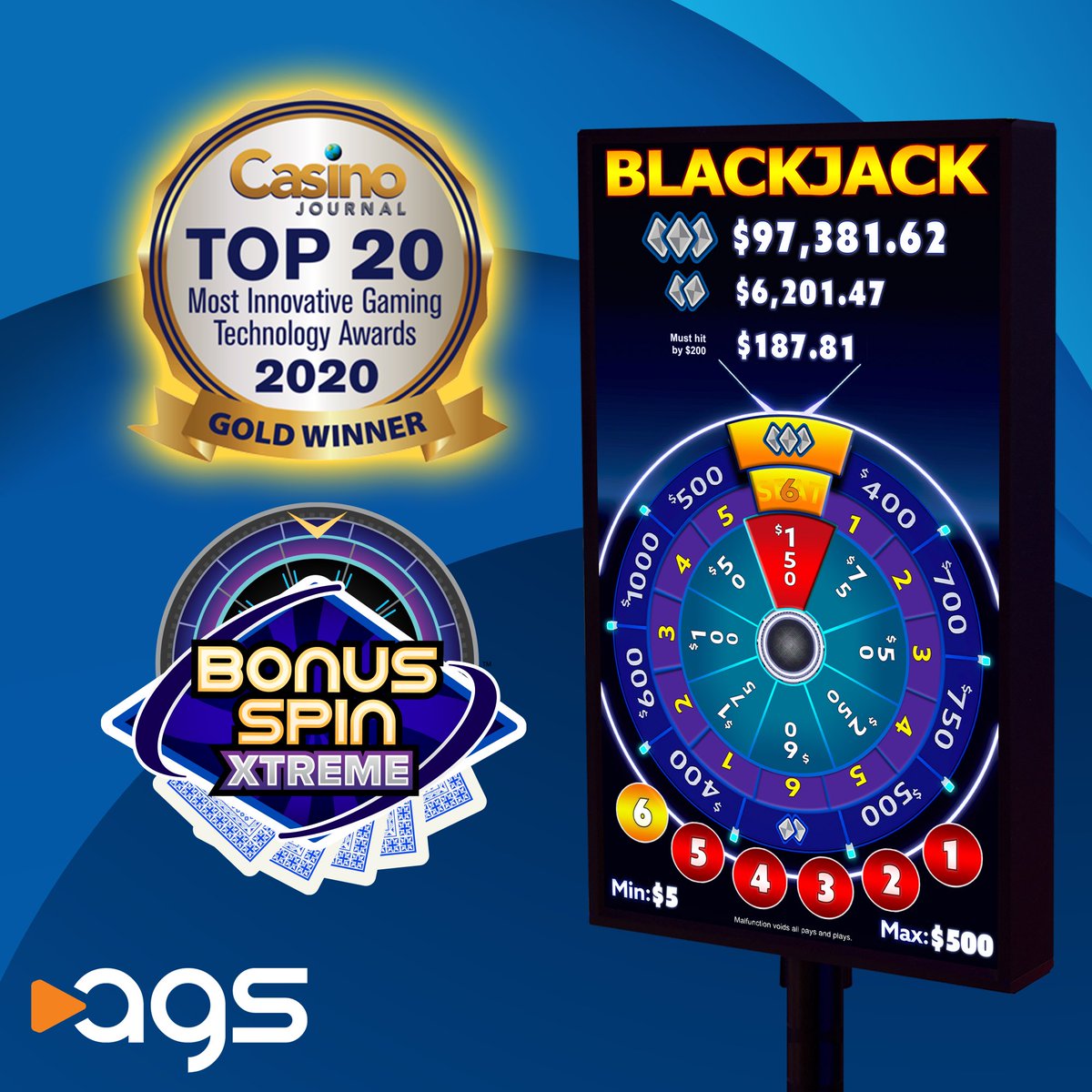 playAGS's tweet photo. AGS' Bonus Spin Xtreme table progressive side bet system won top honors in this year's "20 Most Innovative Gaming Technology Products" contest, taking GOLD! Read more: https://t.co/vRSpHszgZy #PlayAGS #ObsessedWithTheGame https://t.co/m46Ha0ncgT