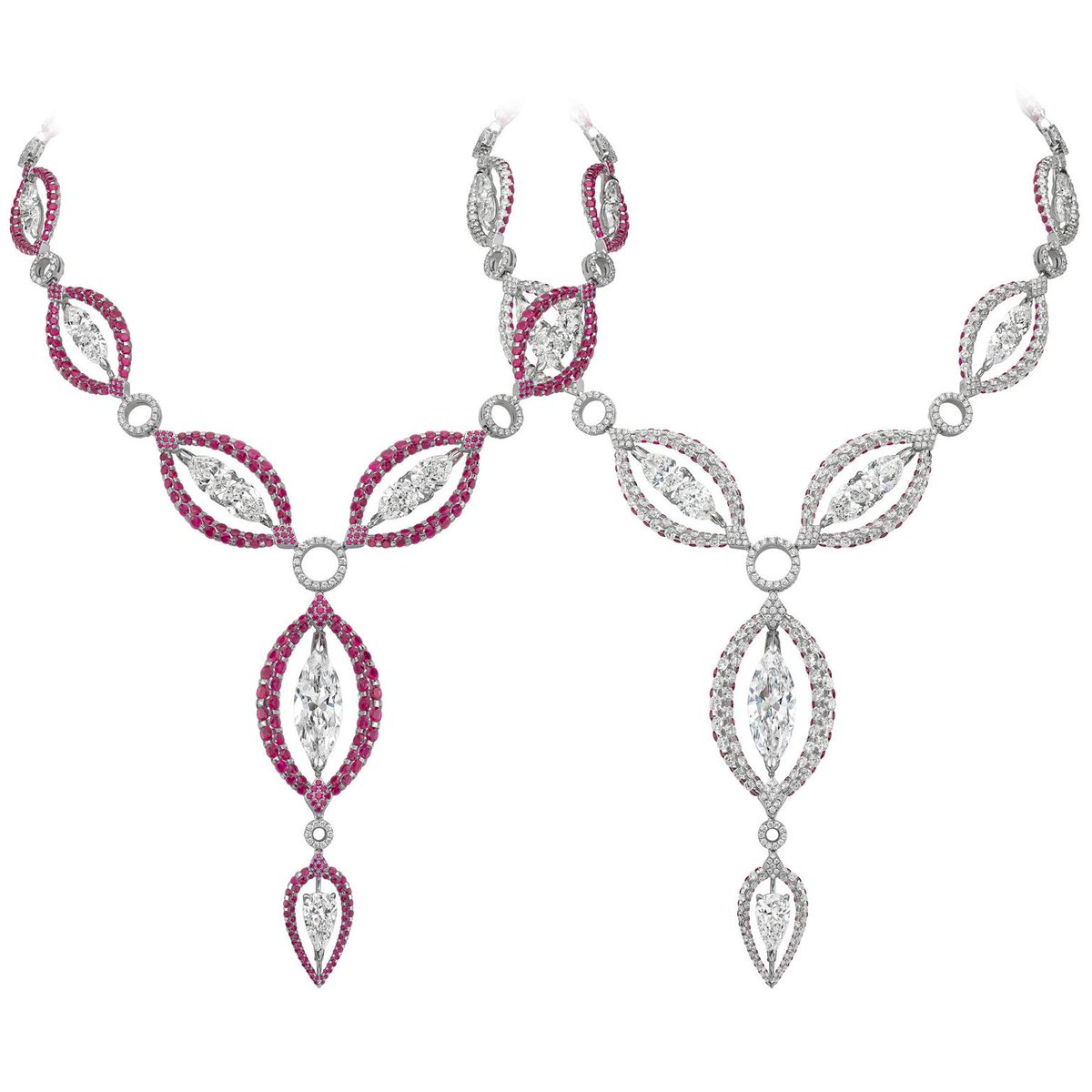 This is the necklace I mean. Rubies on one side, diamonds on the other, and the marquise cut diamonds in the centers are on swivels so you just turn them to the side you're wearing. Same setting style. Really clever.