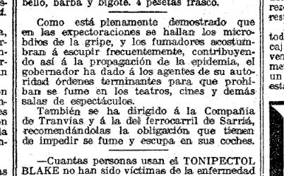 lectoracorrent's tweet photo. El 28.10.1918 les 4 primeres pàgines de @LaVanguardia només contenien esqueles. I gairebé a cada pàgina hi ha alguna notícia relacionada amb l'epidèmia de grip. En aquesta nota, es parla de la prohibició de fumar en els cinemes, altres sales d'espectacles i mitjans de transport. https://t.co/lBZ6jEGLW6