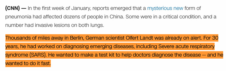 88/124 Quote: "Thousands of miles away in Berlin, German scientist Olfert Landt was already on alert. For 30 years, he had worked on diagnosing emerging diseases, including Severe acute respiratory syndrome (SARS)."