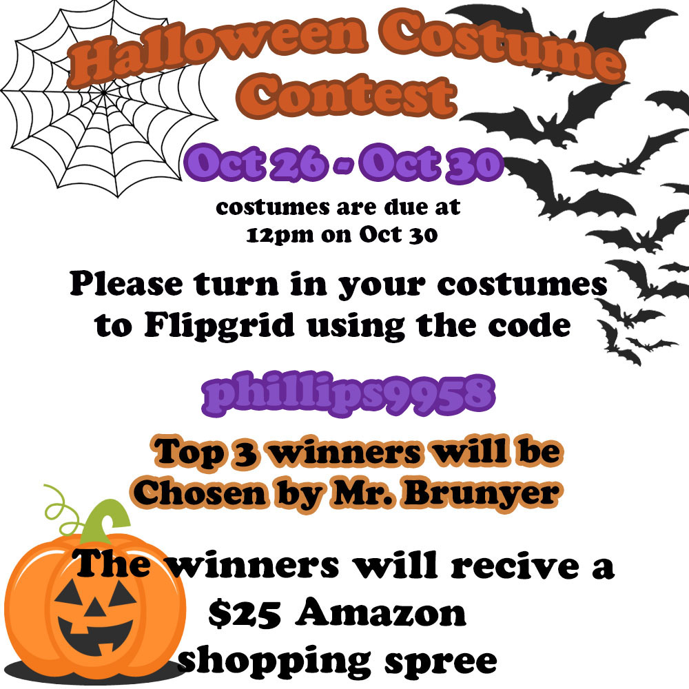 rowlandhs's tweet photo. We’re having a Halloween Costume Contest from October 26-30. Turn in your costumes to Flipgrid using this link: https://t.co/YjuJVcl32o. Use code phillips9958. The top 3 winners will be chosen by Principal Brunyer and will receive a $25 Amazon shopping spree 🎃👻 https://t.co/tbO1A4G1Jl