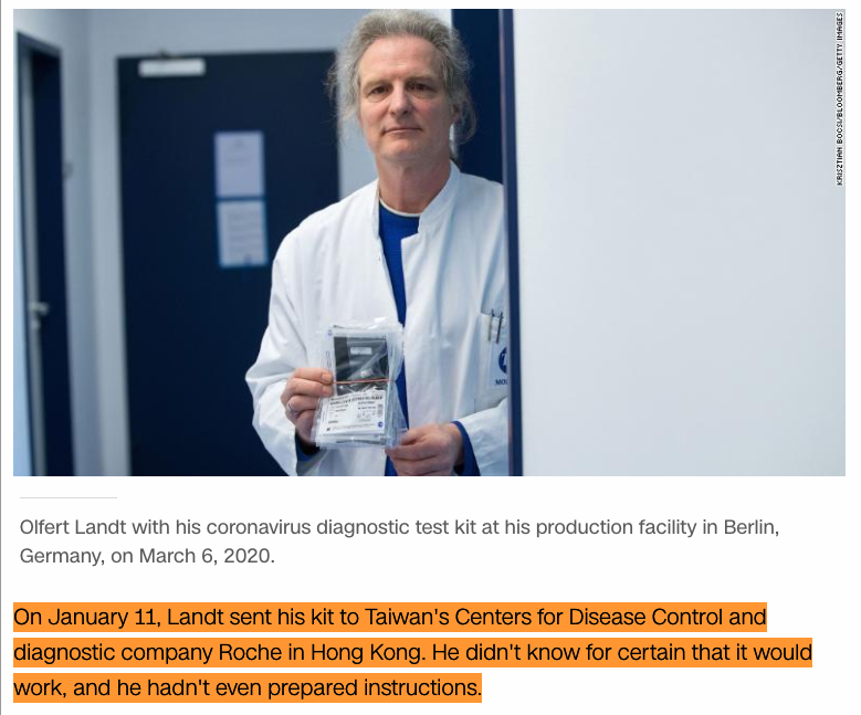 91/124 The test is immediatly ready on 9th January and sent under Drosten's advise via TIB-Molbiol / Olfert Landt to Hong Kong diagnostic laboratory of  @Roche & Taiwan Center for Disease Control on 11th January.