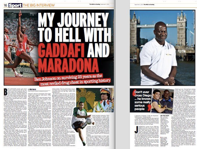 Anyway. Ben Johnson's life story, and his story of going from Olympic 100m champion to the BIGGEST DRUG CHEAT IN GLOBAL SPORT *EVER* is a bit more nuanced. My piece from 2013, FWIW. 5/5 and I'll STFU now. https://www.mailonsunday.co.uk/sport/othersports/article-2408056/Ben-Johnson-My-journey-hell-Gaddafi-Diego-Maradona.html