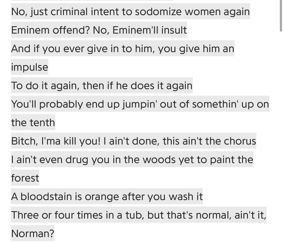 Kill you, the following track, is an attack on his mother. In this song he packs in a ton of offensive (but also humorous) bars about none other than his mother. In one of my favorite moments on the album Eminem goes into a perfectly smooth flow and says...what Eminem says.
