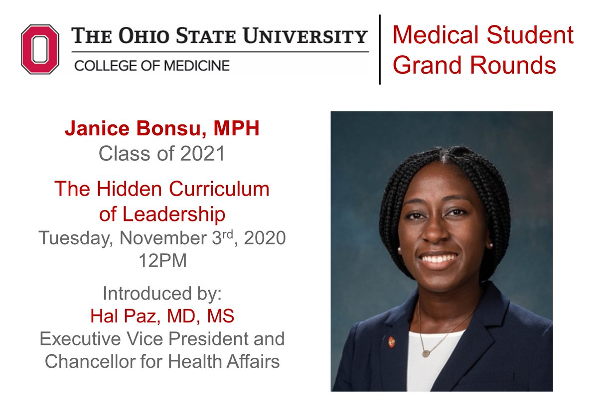 WitcherKG's tweet photo. Can't wait to hear from @janicebonsu following introduction by @drhpaz at next week's @OhioStateMed  Medical Student Grand Rounds! Registration is now LIVE at https://t.co/SOtvrvUMVY - tell your friends! https://t.co/BiIWMUaRyW