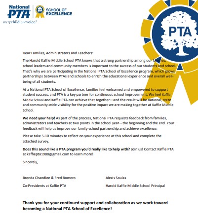 Kaffie_PTA's tweet photo. Kaffie Families, 
Please take the time to fill out this survey! We applied to make Kaffie Middle School a National School of Excellence!

https://t.co/YaNVbjOd5b https://t.co/FrnOY7BplE