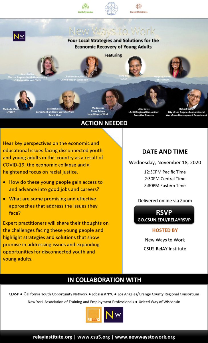 Colleagues, please join New Ways to Work (virtually) for its Four Local Strategies and Solutions for the Economic Recovery of Young Adults event on November 18, 2020 at 12:30PM PST. Click the link below to register and I hope to see you in attendance.
lnkd.in/gquMbeg