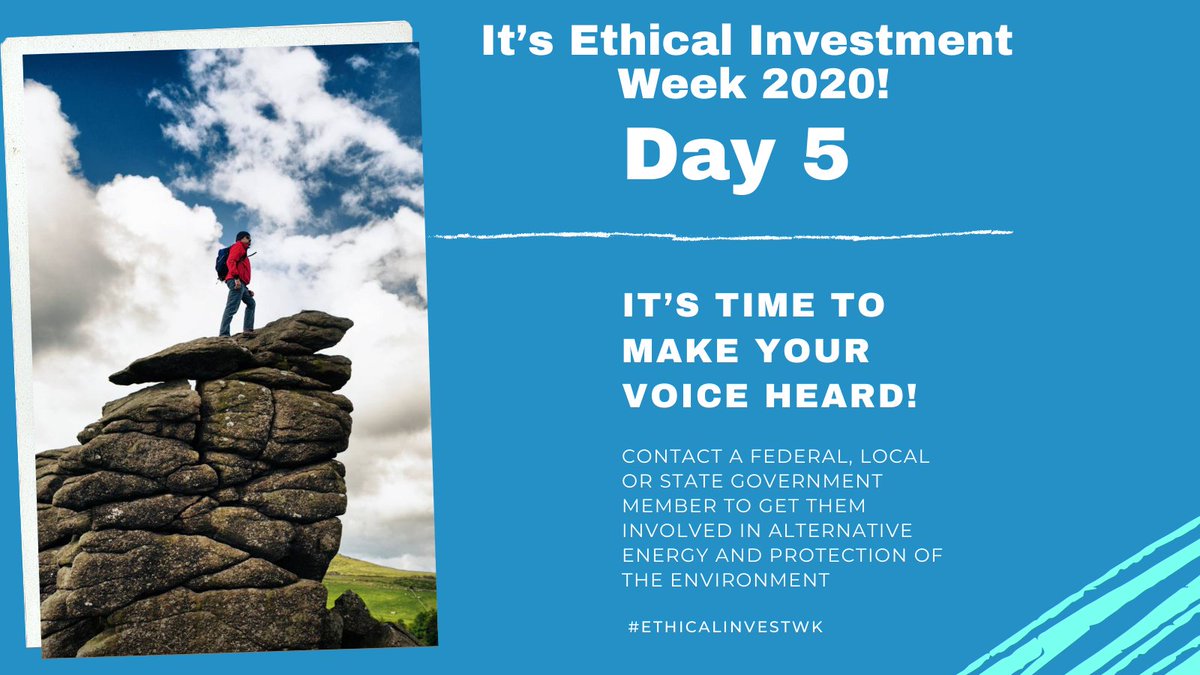 It’s time to make your voice heard! Contact a federal, local or state member to get them involved in alternative energy and protection of the environment. See bit.ly/3m0OvH1 for an example.
#ethicalinvestwk #ethicalinvestor #investethically #moneydoinggood #EIW2020
