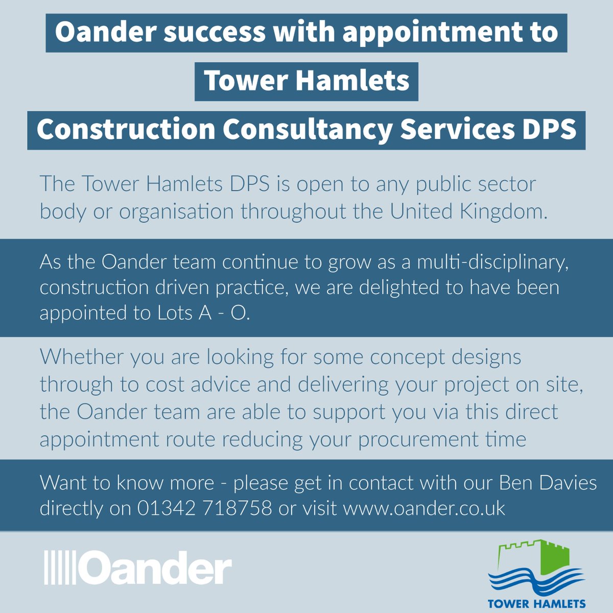 OanderUK's tweet photo. @OanderUK are delighted and look forward to a long and successful relationship with @TowerHamletsNow #procurement #directaward #howcanwehelp #trustedadvisers #constructionconsultancy  #PM #QS #DPS https://t.co/BwcK7jRcj9